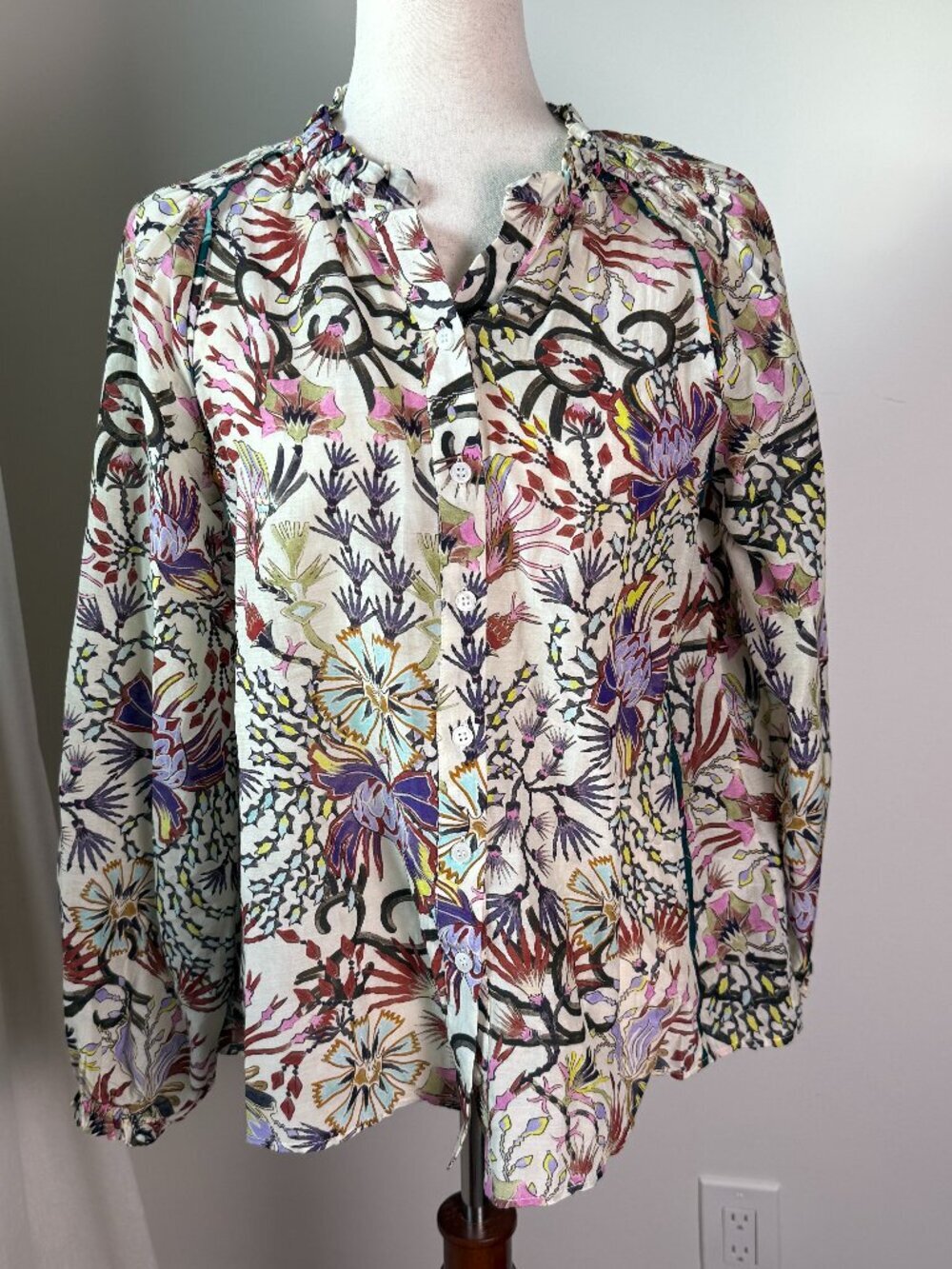 Maria Cher Cotton Silk Voile Floral Peasant Blouse XS Boho Luxe - Picture 2 of 10